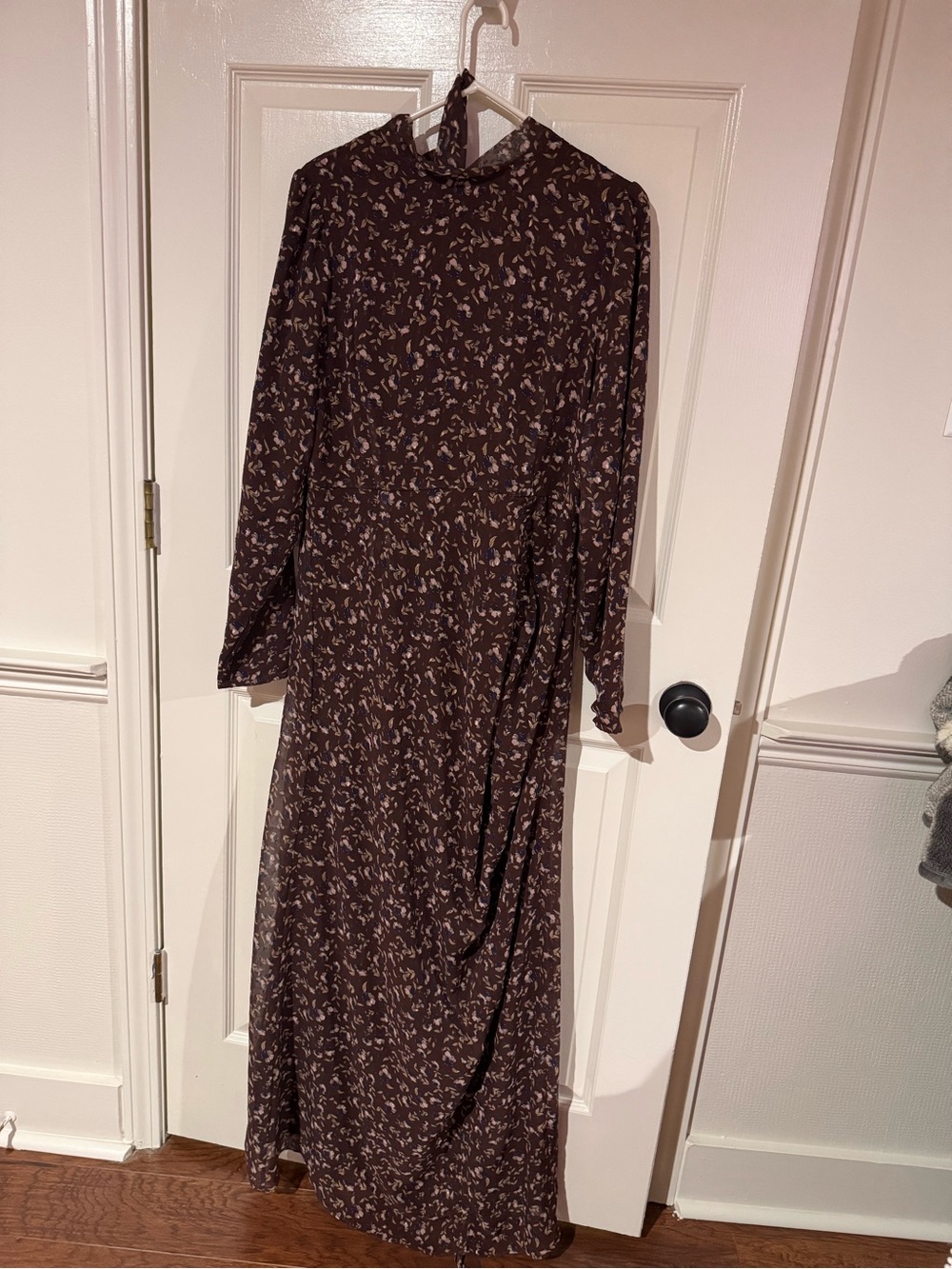 Long Sleeve Brown Floral Maxi Dress with High Neck